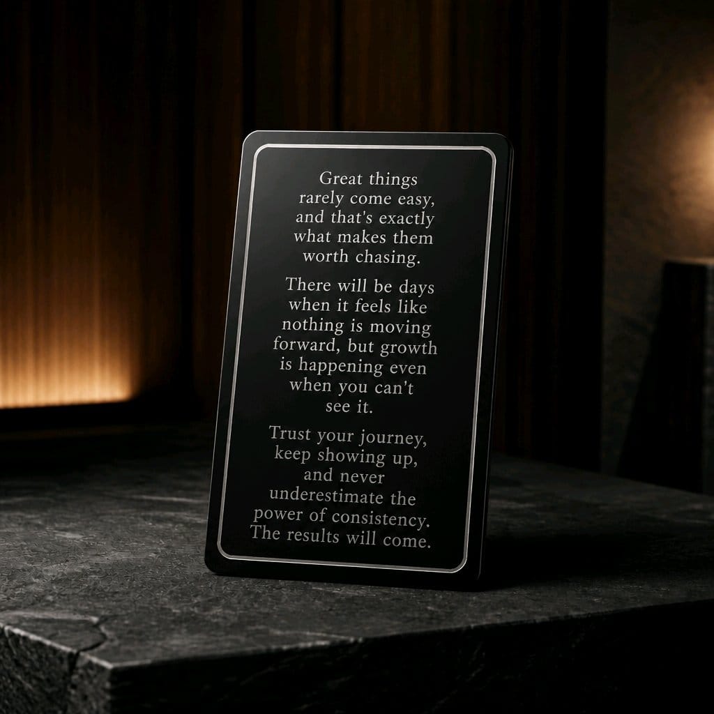 Black aluminium personalised wallet card with laser-engraved inspirational quote on the back