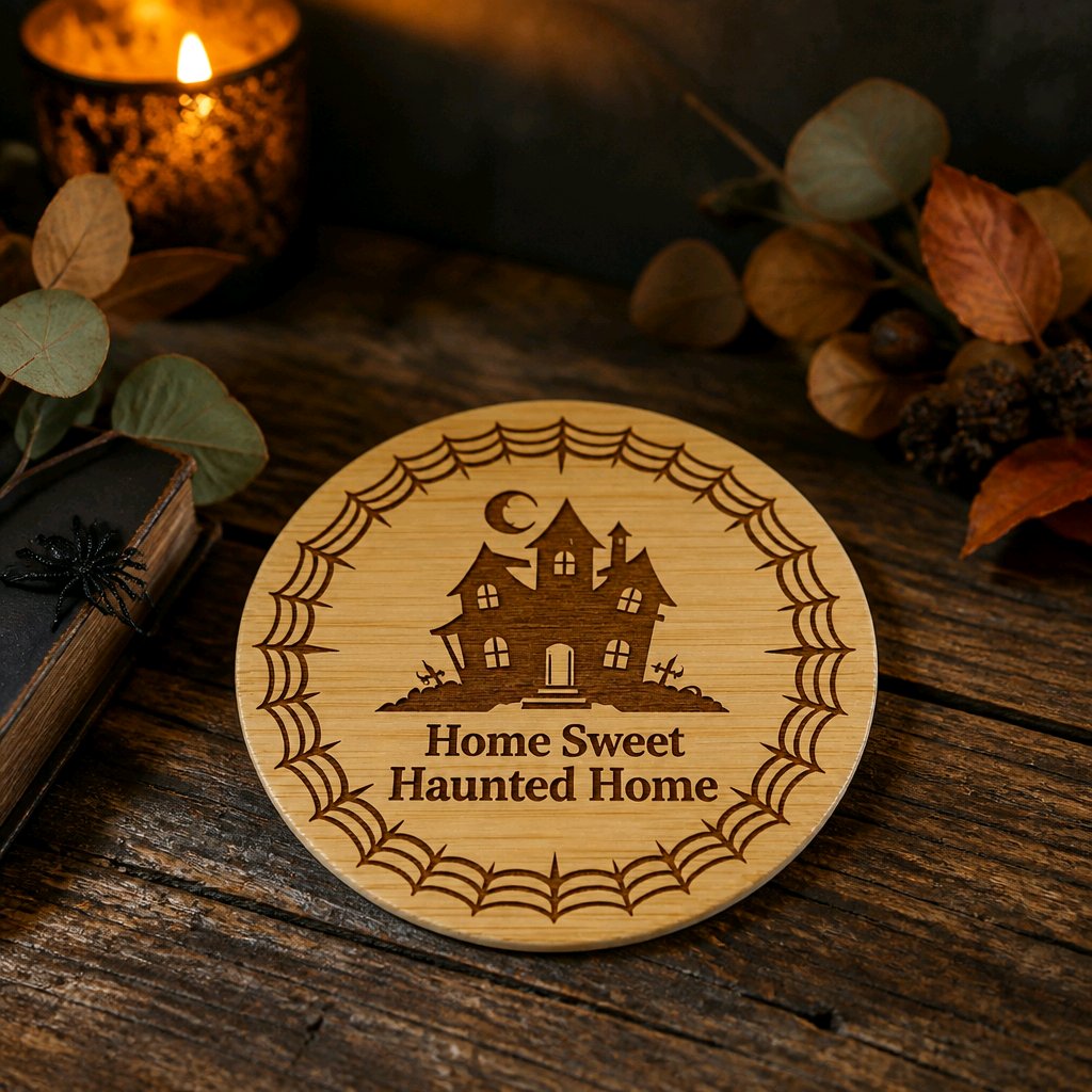 A round wooden coaster with a laser-engraved haunted house, spiderwebs, and the text 'Home Sweet Haunted Home', displayed on a rustic wooden table with a burning candle, book, and autumn leaves in the background.