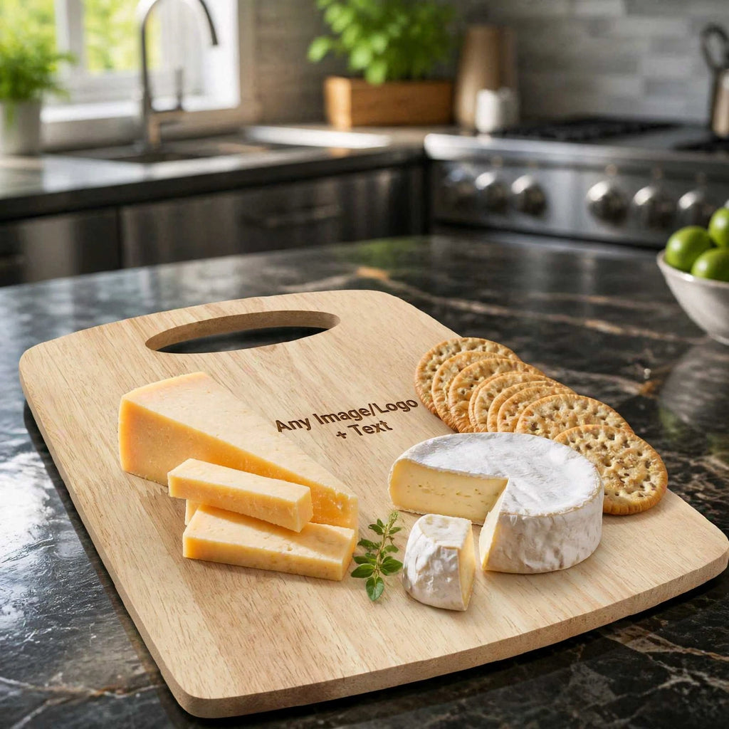Personalised engraved wooden cheese board — custom image, logo & text — serving platter with cheeses — made in Stockport UK