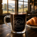 Personalised engraved glass mug — custom logo, name & text — heat-printed coffee tea cup — made in Stockport UK