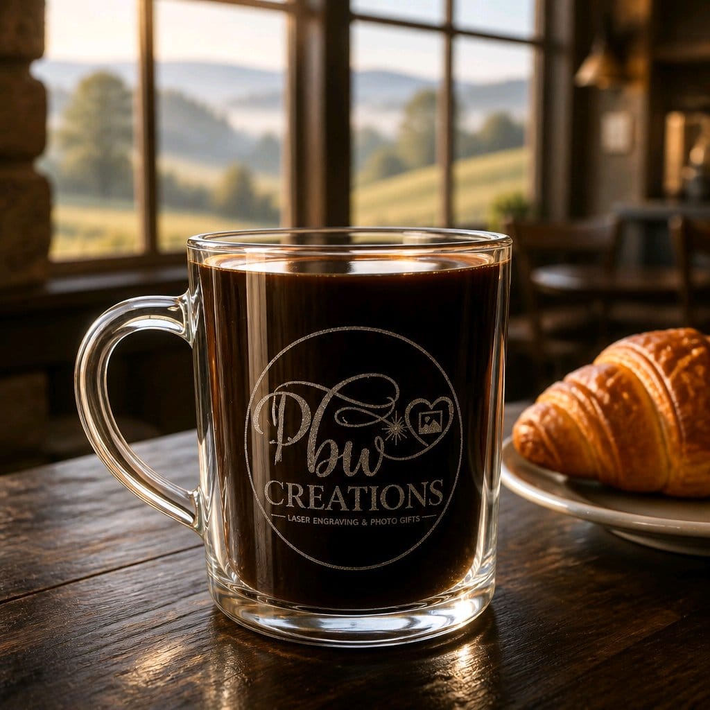 Personalised engraved glass mug — custom logo, name & text — heat-printed coffee tea cup — made in Stockport UK
