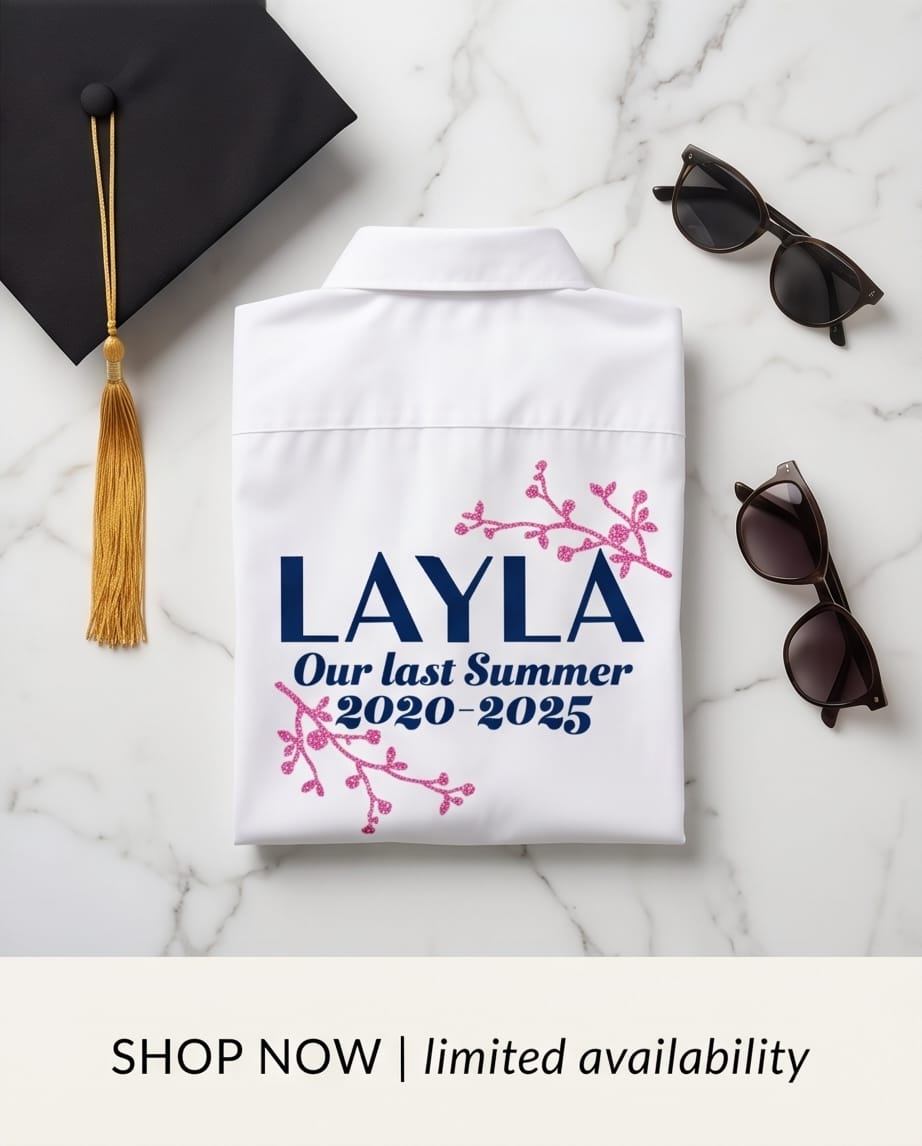 Close-up of personalised school leavers shirt design — custom name & text — female keepsake — Stockport UK