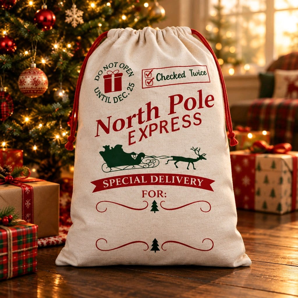 Personalised North Pole gift sack with reindeer print and custom name