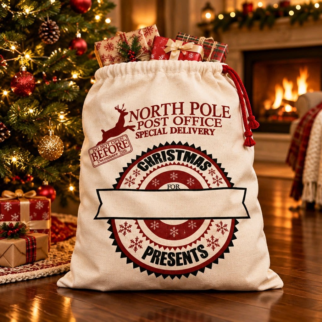 Personalised North Pole Express Christmas sack with custom name.