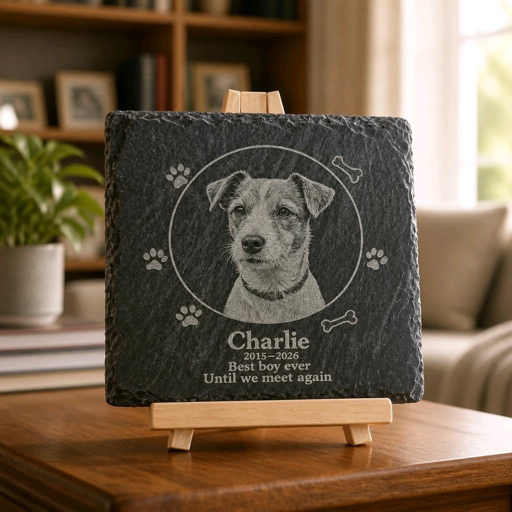 Personalised engraved pet memorial slate plaque — custom photo, name & dates — dog cat memorial — made in Stockport UK