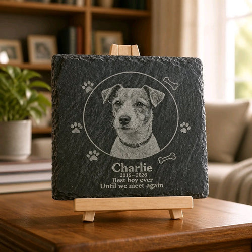 Personalised engraved pet memorial slate plaque — custom photo, name & dates — dog cat memorial — made in Stockport UK