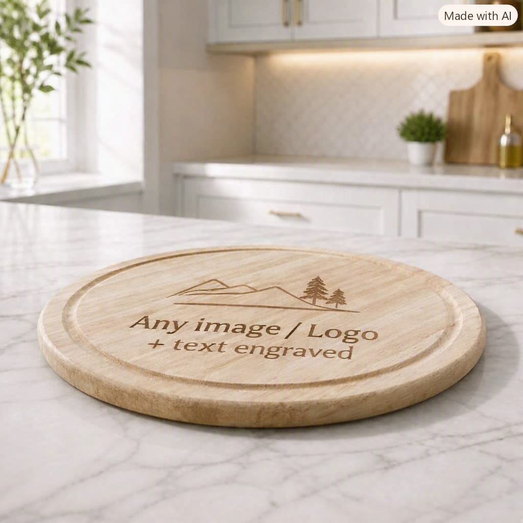 Personalised engraved round wooden serving board — any image, logo & text — custom cheese platter — made in Stockport UK