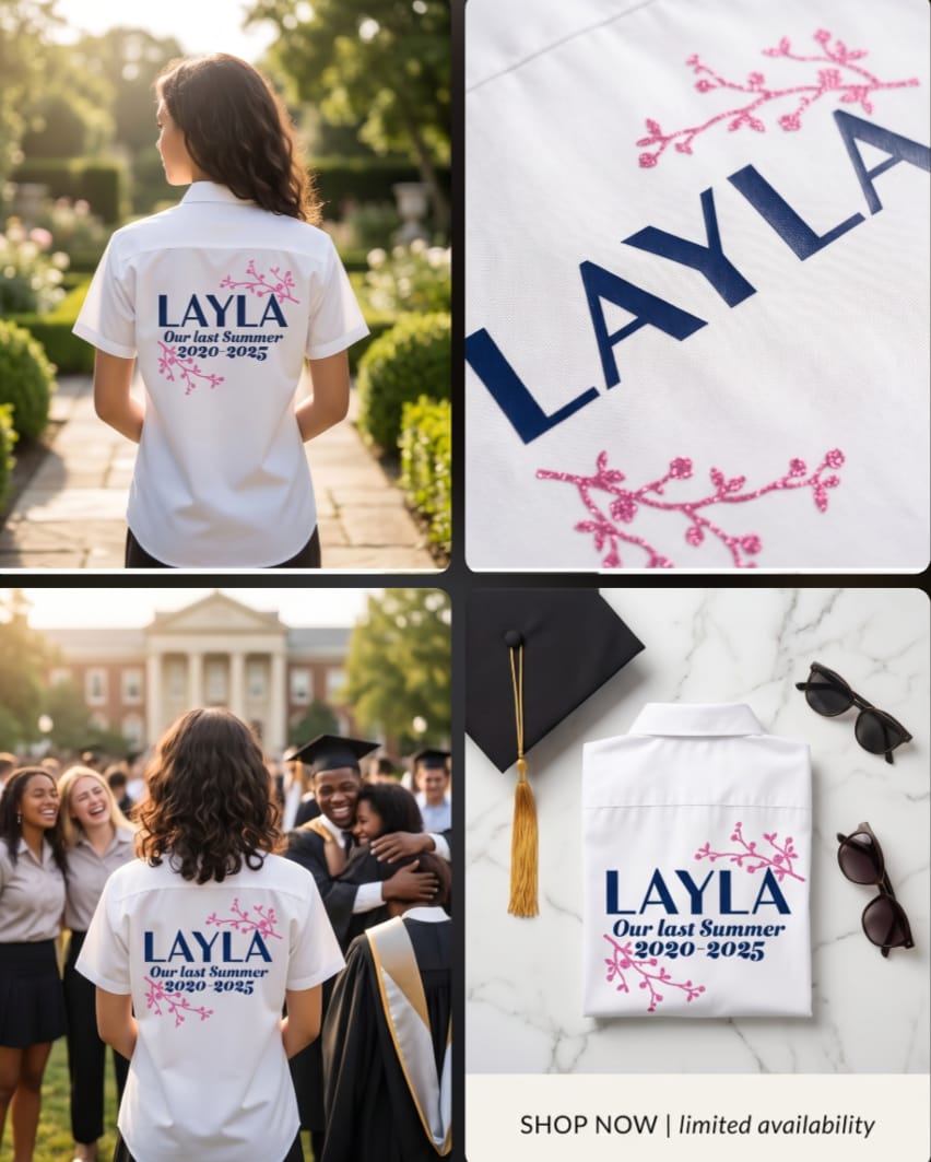 Personalised female school leavers shirt — custom name & design — leaving school keepsake — made in Stockport UK