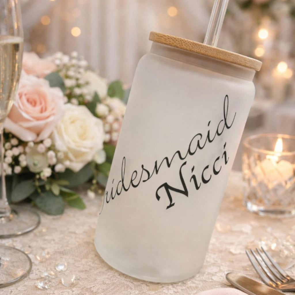 Personalised bridesmaid heat‑pressed tumbler — Custom tumbler glass featuring a bridesmaid design, name, or message applied by heat press.