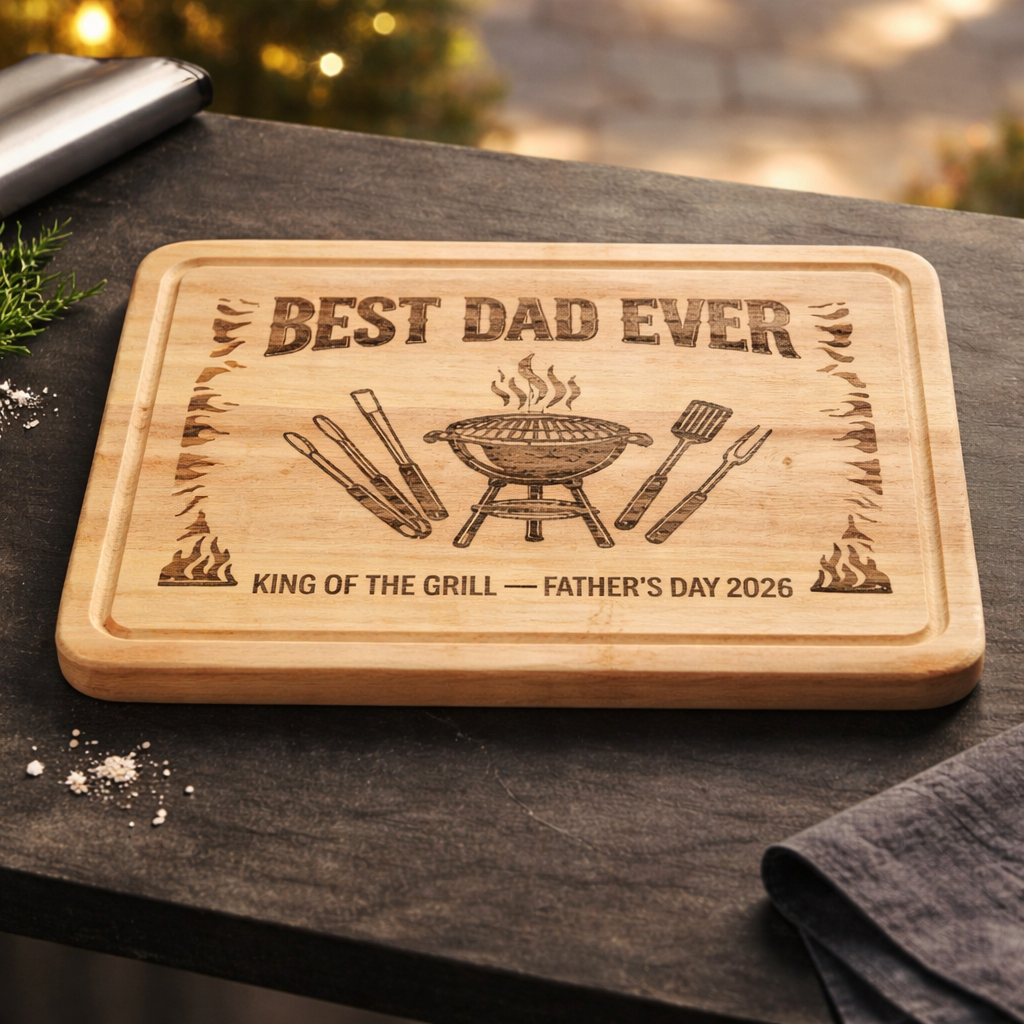Personalised chopping board with 7 engraving designs — Bamboo chopping board engraved to order with any of seven stock designs or your own logo.
