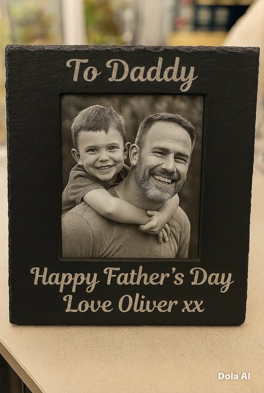 Personalised engraved Daddy and Son photo frame — Slate photo frame engraved with a Daddy and Son picture and personalised text.