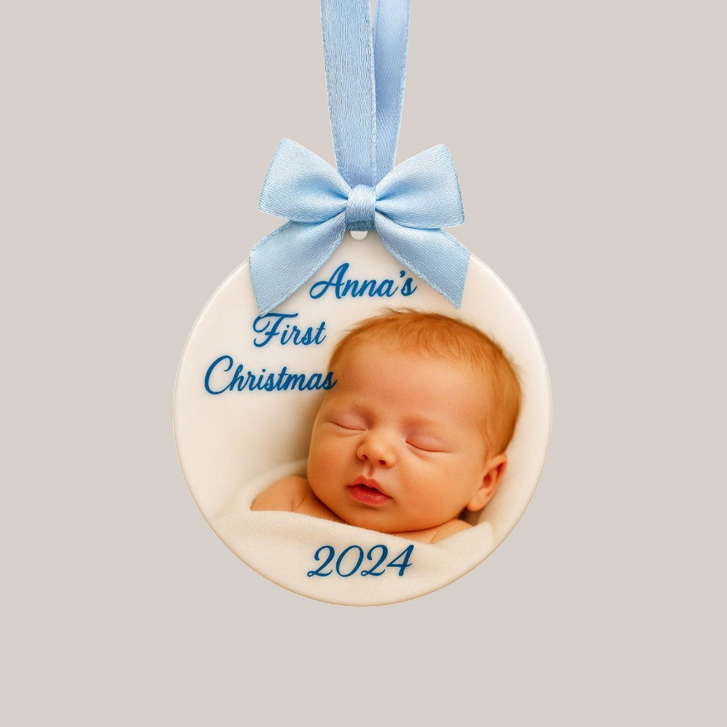 Personalised double‑sided ceramic photo ornament — Premium 8cm ceramic ornament printed in high‑definition on both sides with your favourite photo and up to 30 characters of personalised scripted text.