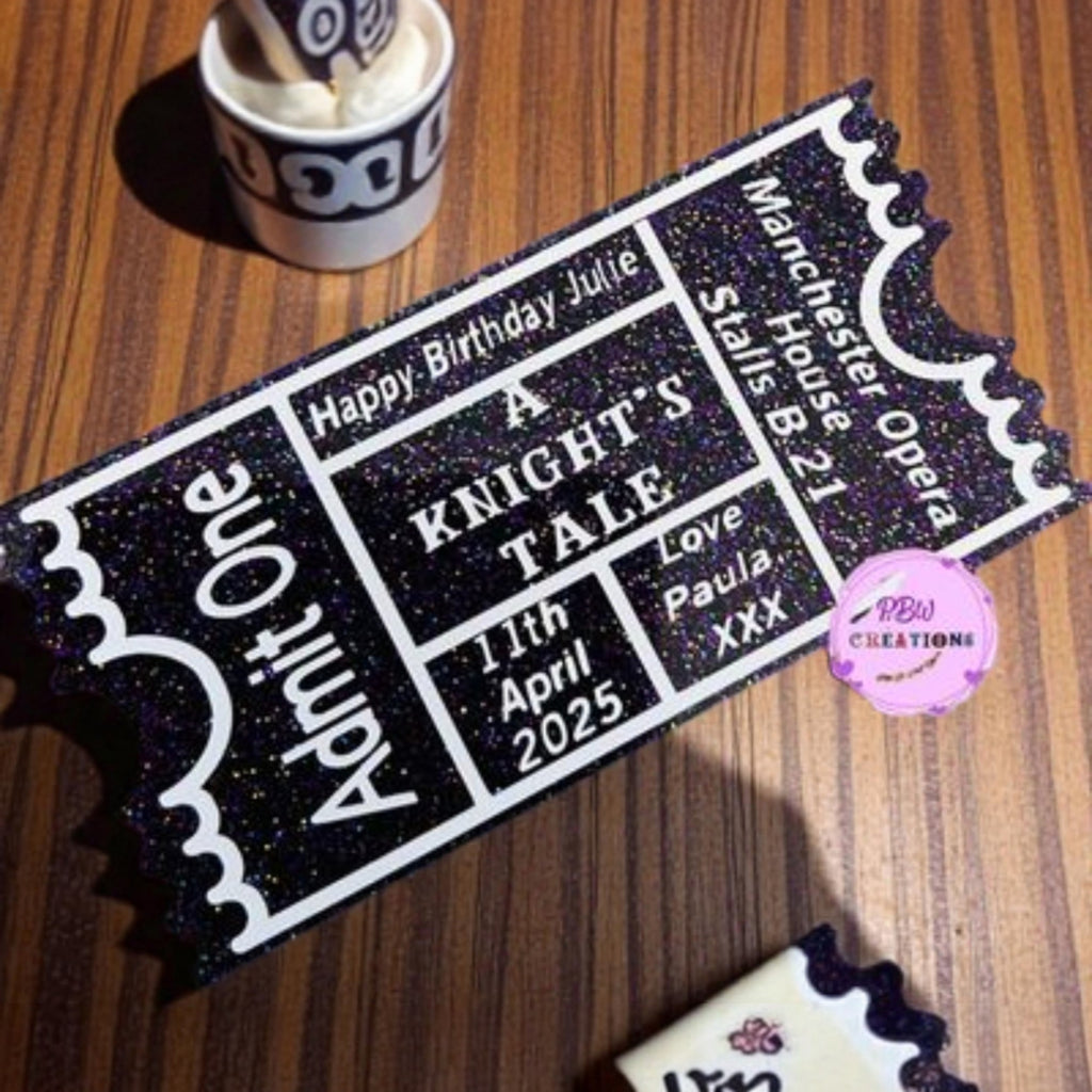 Personalised acrylic event ticket — Acrylic ticket engraved with custom venue, date and personalised event details.