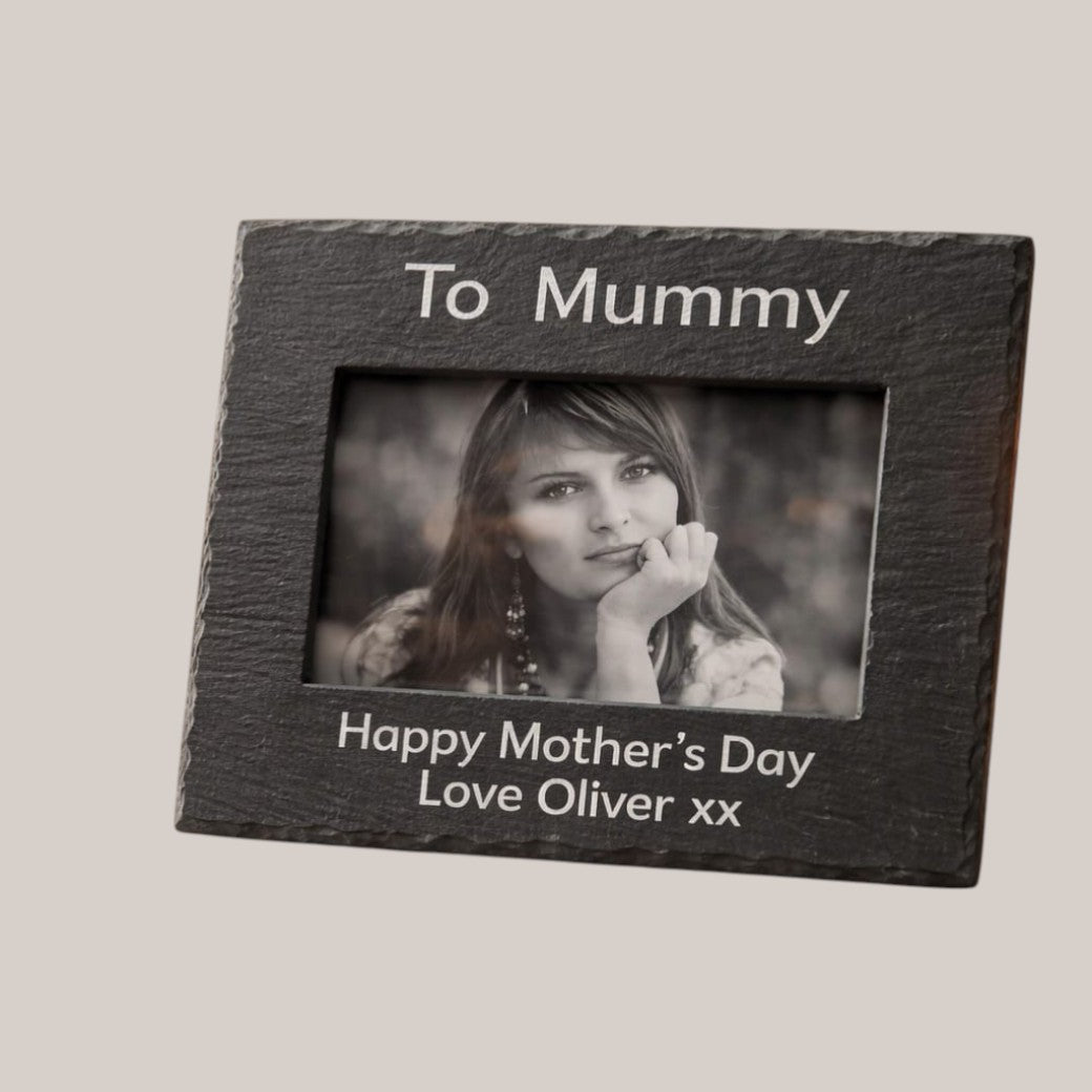 Personalised slate photo frame with family image — Custom slate frame featuring an engraved family picture.