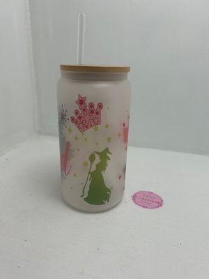 Personalised frosted glass cup with figure artwork — Frosted tumbler showcasing a detailed figure design on the front with optional personalised text.