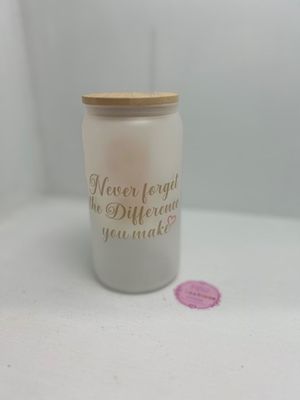 Personalised frosted glass cup with figure artwork — Frosted tumbler showcasing a detailed figure design on the front with optional custom text.