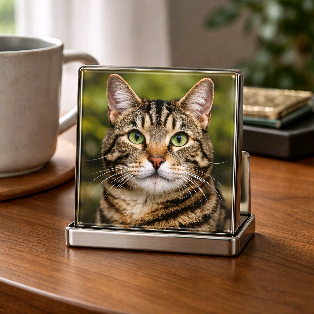 Personalised glass coaster with cat photo — Glass coaster featuring a custom cat photo with crisp detail.