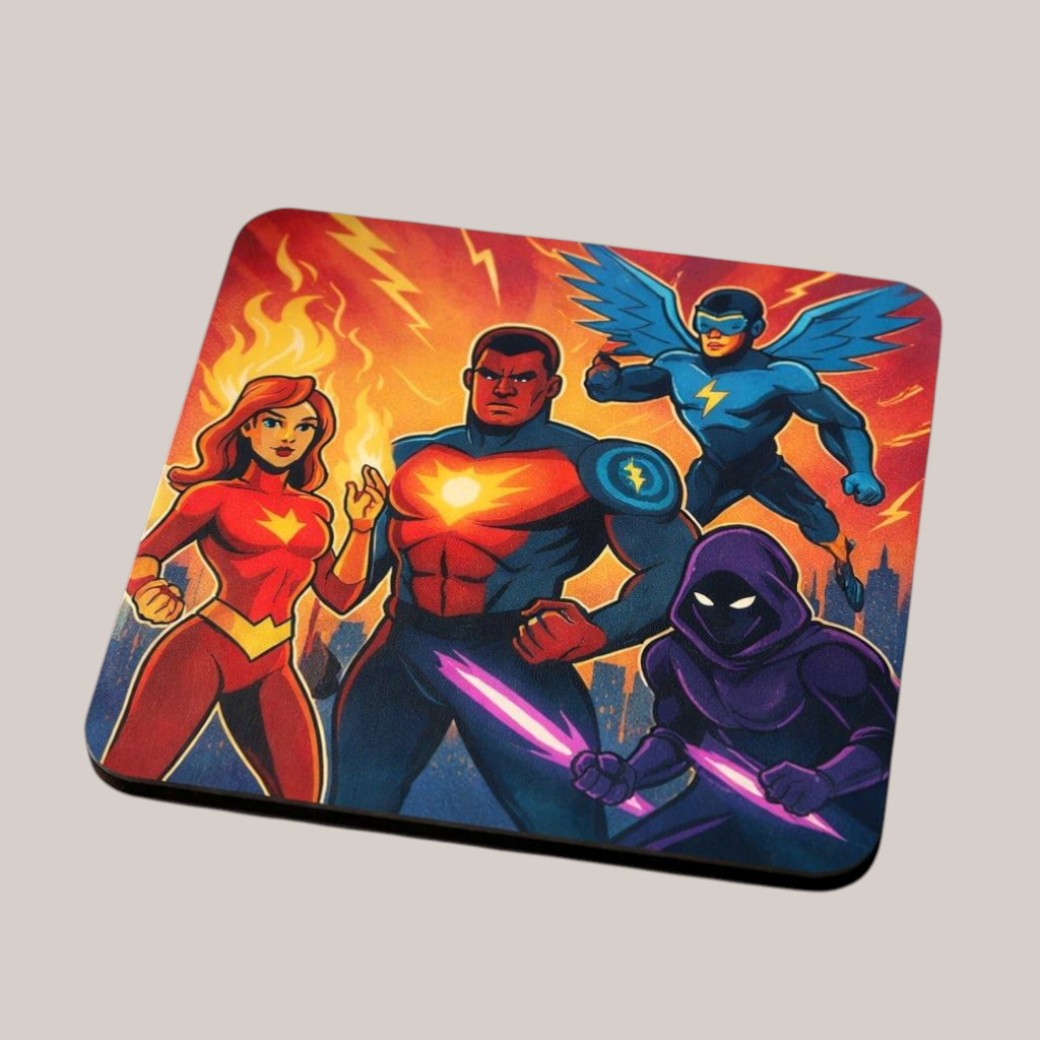 Superhero themed personalised glass photo coaster — Glass coaster featuring a custom photo edited into a superhero‑style design.