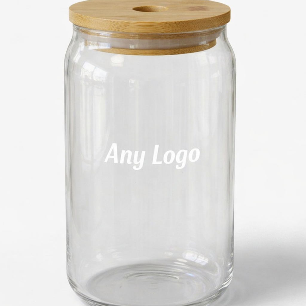 Personalised glass tumbler with bamboo lid and straw — Clear glass tumbler with bamboo lid and reusable straw, heat‑pressed with a custom design.