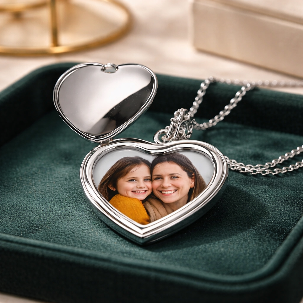 Personalised heart‑shaped photo locket — Heart‑shaped locket engraved with any name and fitted with a printed photo inside.