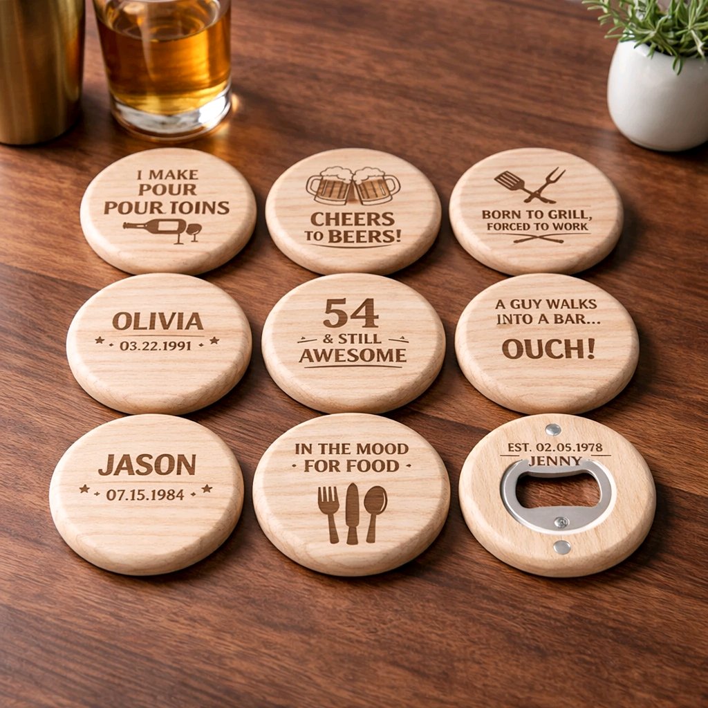 Personalised magnetic bottle opener custom — Wooden magnetic bottle opener personalised with custom text or logo, designed to stick to the fridge.