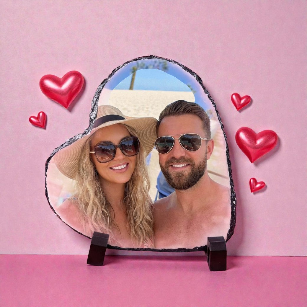 Personalised photo slate with stand— Framed natural photo slate printed with a custom image for a personalised display piece.