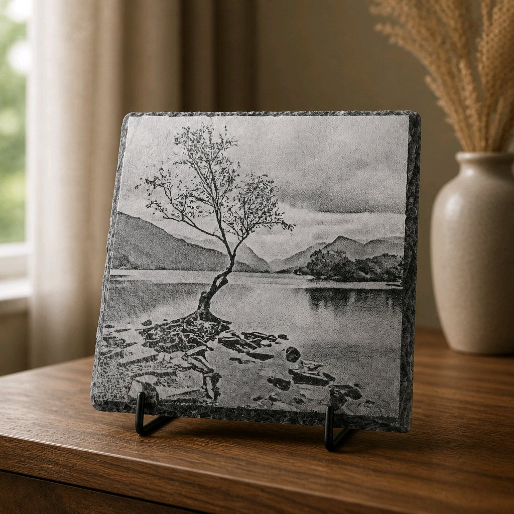 Personalised engraved slate memory plaque — Slate plaque engraved with a chosen photo or message to preserve special memories.