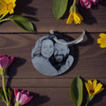 Photo‑engraved circular black anodised keyring — Circular black anodised aluminium keyring engraved with any chosen photo for a personalised finish.