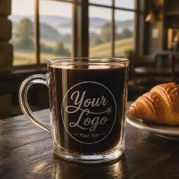 Close-up of engraved glass mug — custom business logo design — personalised coffee cup — Stockport UK