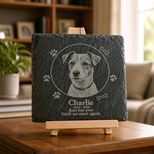 Pet memorial slate — photo engraving, paw‑print accents, custom‑name & loving‑memory verse; wooden display stand — fully customisable dog/cat keepsake — Pbwcreations UK