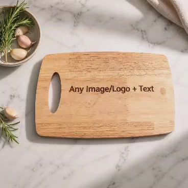 7-second video zooming in on personalised engraved wooden chopping board — custom image, logo & text — made in Stockport UK