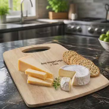 Close-up of engraved cheese board — custom text & design — personalised serving platter Stockport UK