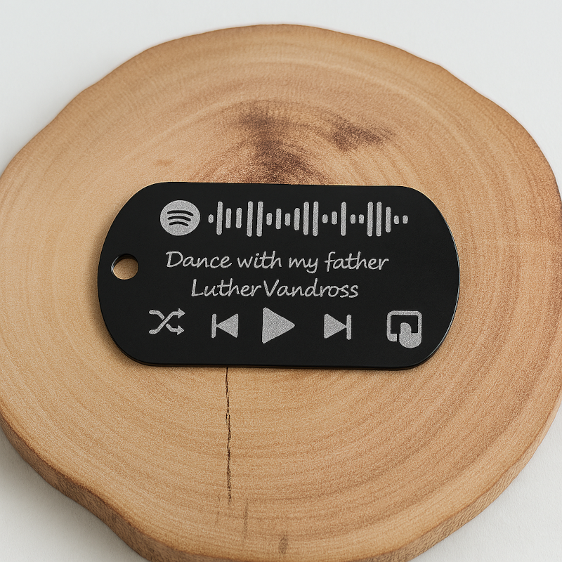 Spotify code dog tag key ring — Metal dog tag key ring featuring your favourite photo on one side and a scannable Spotify code on the other.