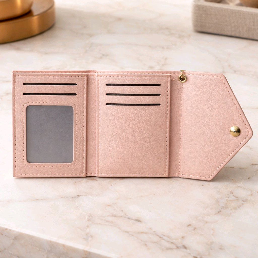 Personalised purse with logo engraving — Faux‑leather purse featuring a custom logo engraving and optional heart charm.