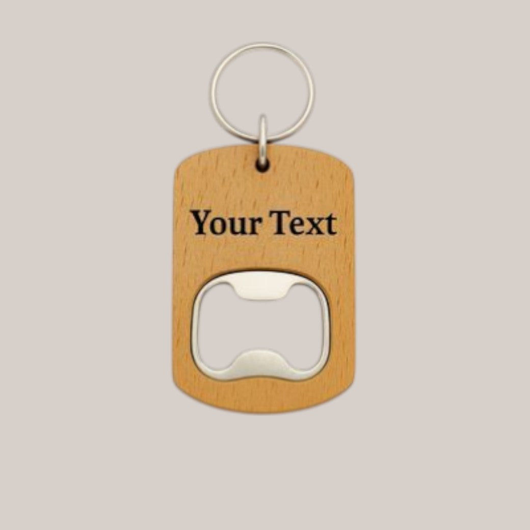 Personalised wooden bottle opener keyring — Compact natural‑wood keyring with built‑in bottle opener, featuring front and rear personalised engraving at no extra cost.